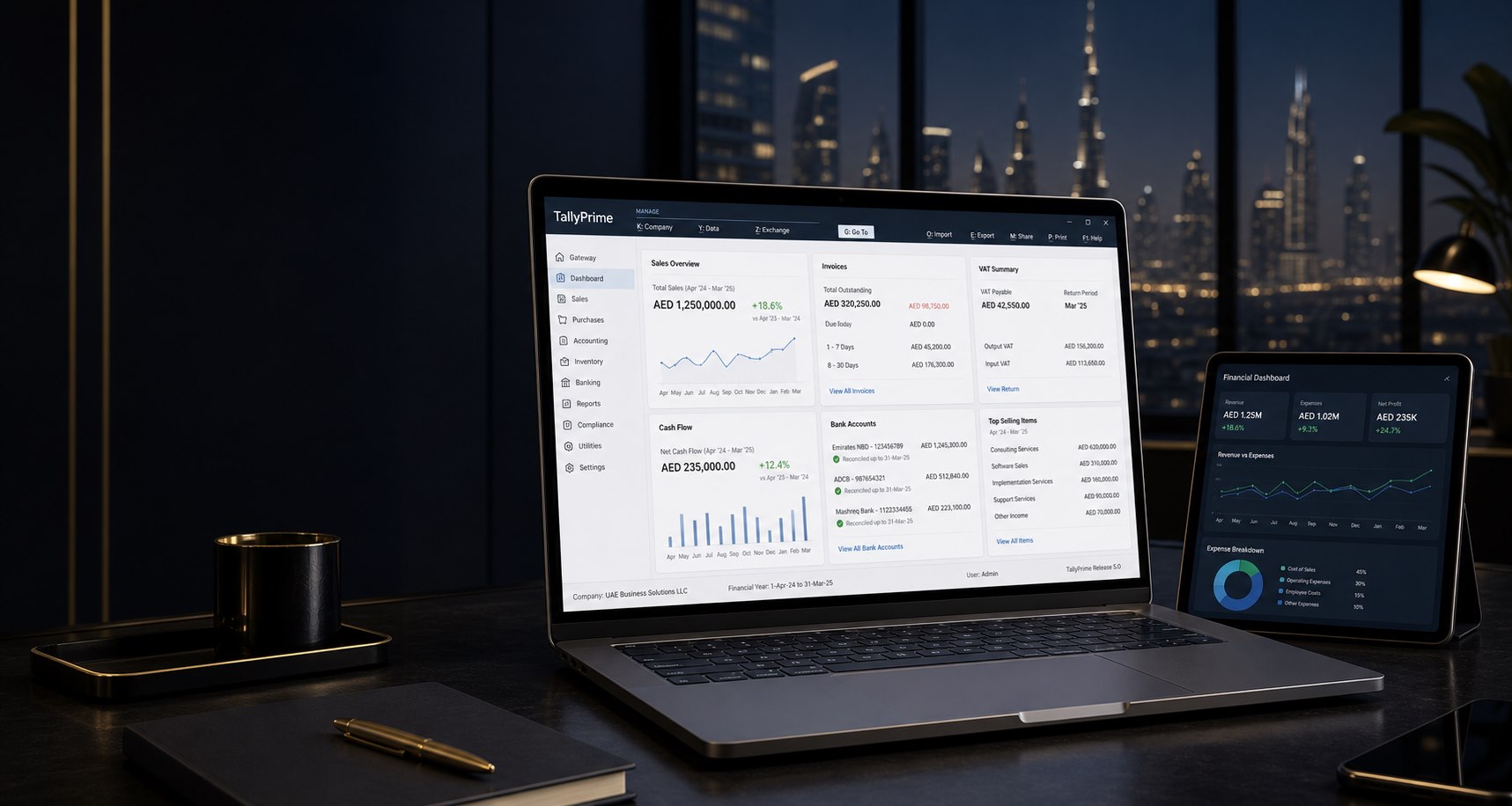 TallyPrime accounting dashboard displayed on a laptop in a modern Dubai office